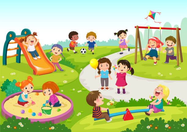 Vector illustration of happy children playing in playground