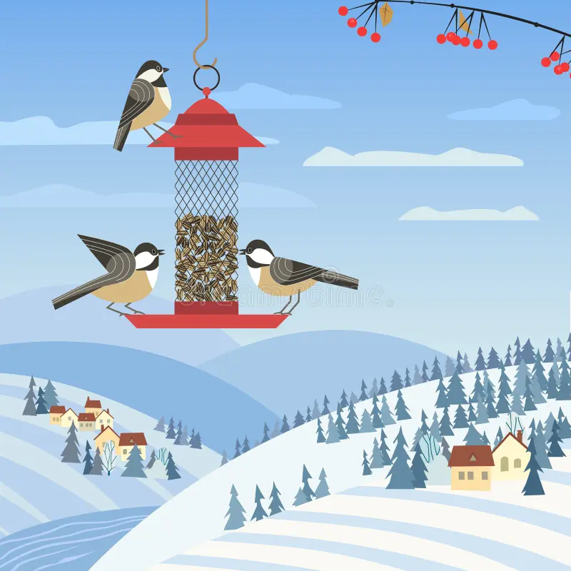 wild-birds-feeding-chickadee-birds-feeder-birdfeeding-near-winter-rural-community-small-bird-backyard-minimal-cartoon-design-131193415