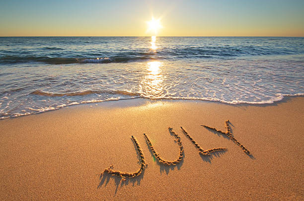 July word on sea sand. Nature cpmposition.